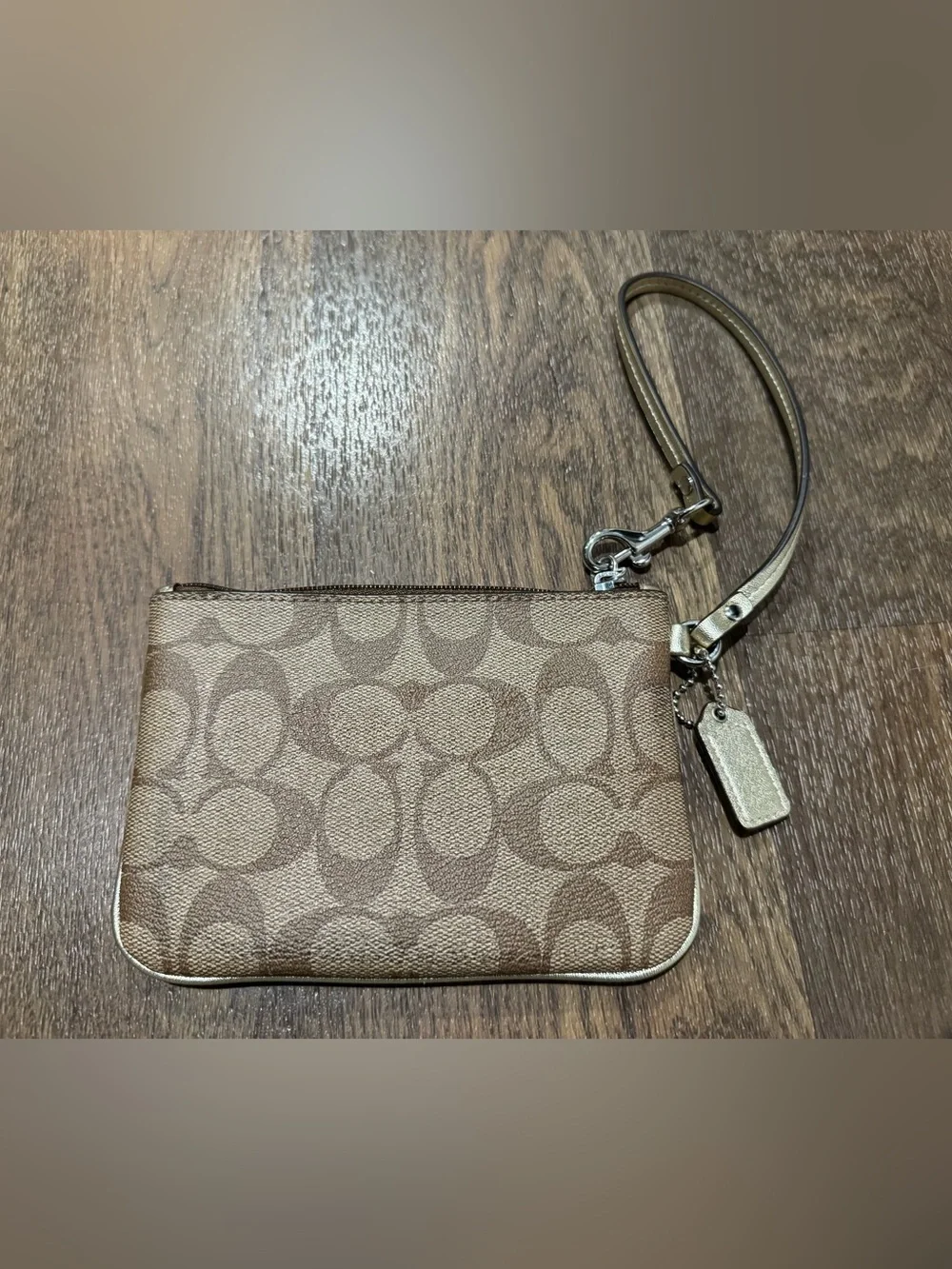 Coach Peyton Signature Small Wristlet Brown Gold Monogram